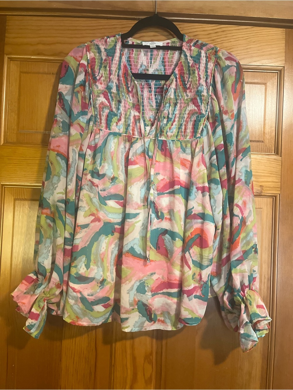 Entro Large Watercolor Floral Smocked Babydoll Blouse Ruffle Sleeve